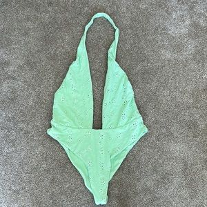 Frankies Bikinis Green Eyelet Halter One Piece - Size Medium